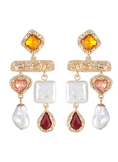 HaveDream Baroque Pearl Temperament Asymmetrical Earrings - Red, Yellow, Pink Glass Diamonds  - Image 2