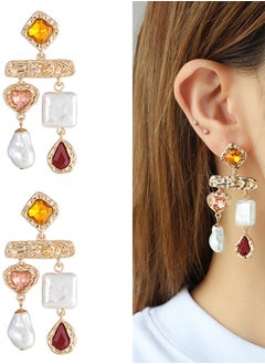 HaveDream Baroque Pearl Temperament Asymmetrical Earrings - Red, Yellow, Pink Glass Diamonds  - Image 1
