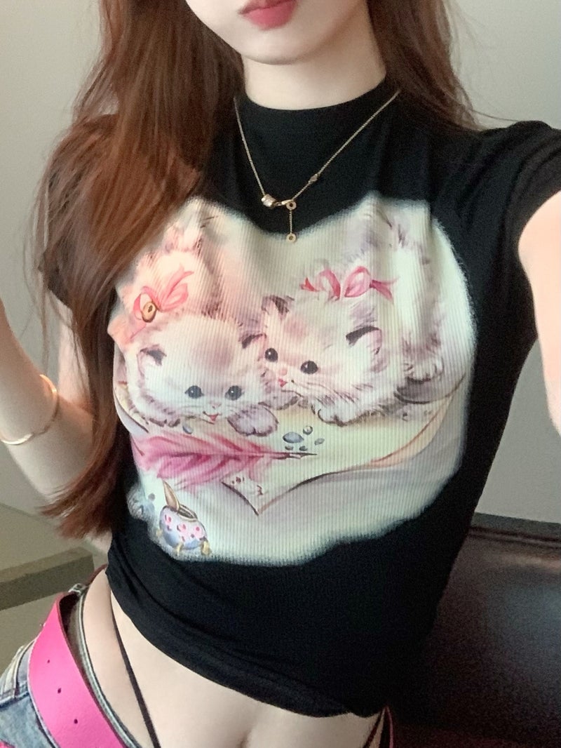 Half-High Collar Cat Printed Short-Sleeved T-Shirt Pure Desire Style Slim-Fit Slimming Chic Shoulder Top Chic - Image 1