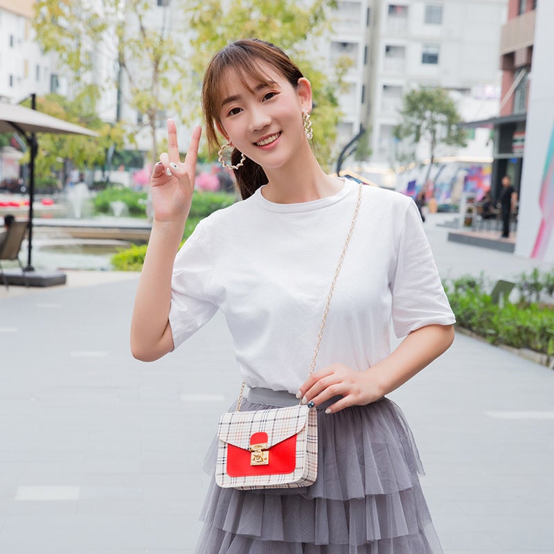 Women'S Bag 2021 New Plaid Contrast Lock Double Layer Chain Small Square Bag Small Fresh Cute Mobile Phone Bag Bag - Image 5