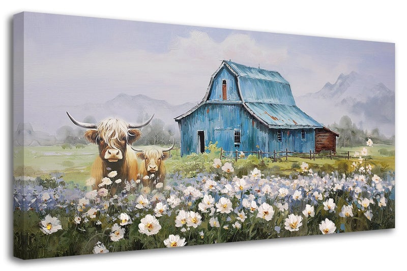 Anolyfi Barn Farmhouse Large Canvas Wall Art for Living Room Highland Cow Picture Wall Decor and Country Painting Wall Art for Bedroom Dining Room Office Hallway Home Decor 40x20