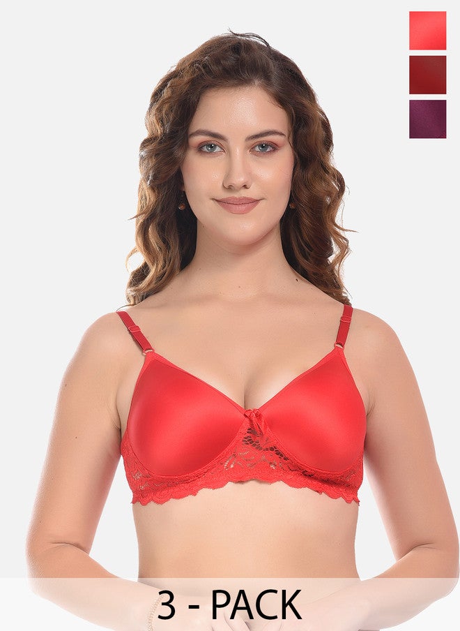 FIMS Pack of 3 Lightly Padded Lace Bras in Red and Purple - Image 1