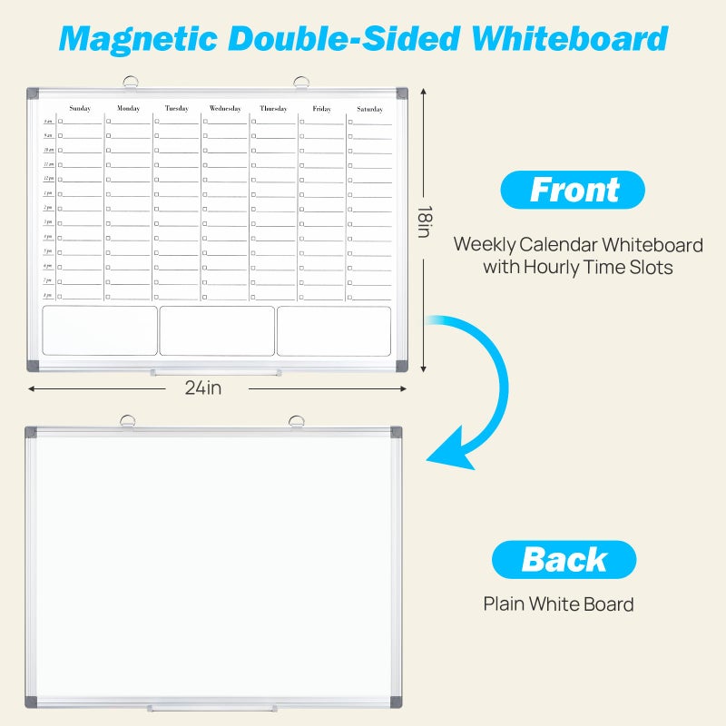 ONAVIA Weekly Calendar Dry Erase Board for Wall, Hanging 24"Ã—18" Double-Sided Magnetic Whiteboard with Hourly Slots, for Planning, Memo, to Do List, Home, Office, Kitchen - Image 2