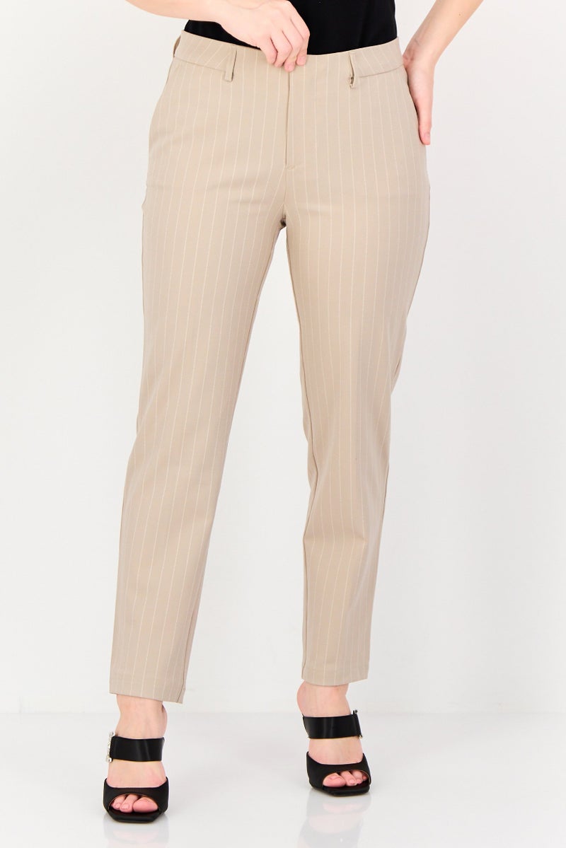 Reiko Women Cigarette Fit Mid Waist Stripes Dress Pants, Beige - Image 1