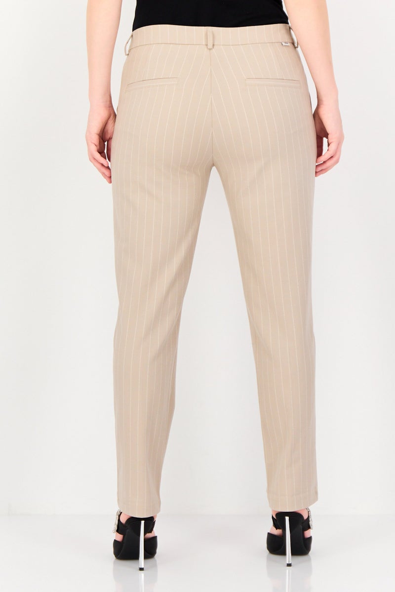 Reiko Women Cigarette Fit Mid Waist Stripes Dress Pants, Beige - Image 3