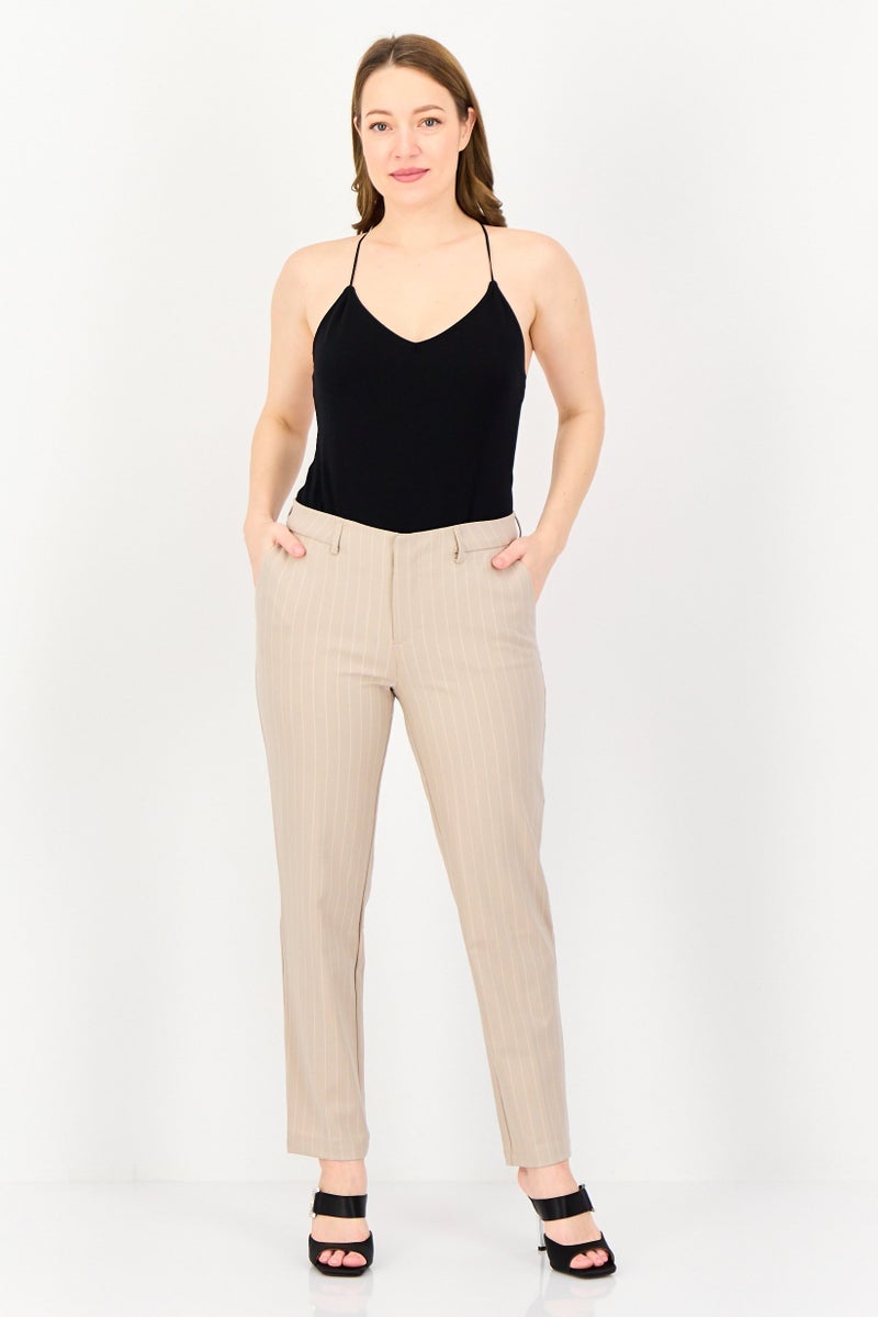 Reiko Women Cigarette Fit Mid Waist Stripes Dress Pants, Beige - Image 4