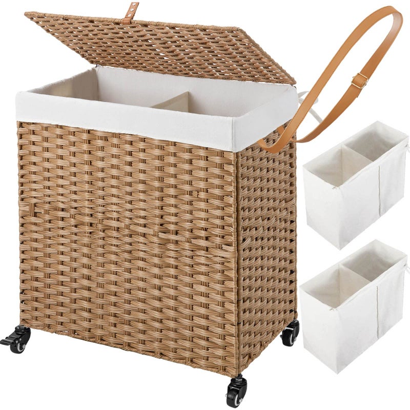 Greenstell Laundry Hamper with Wheels No Install Needed 110L Divided Handwoven Hampers 2 Removable Liner Bags Synthetic Rattan Clothes Laundry Basket with Lid Handles Foldable Hampers Natural