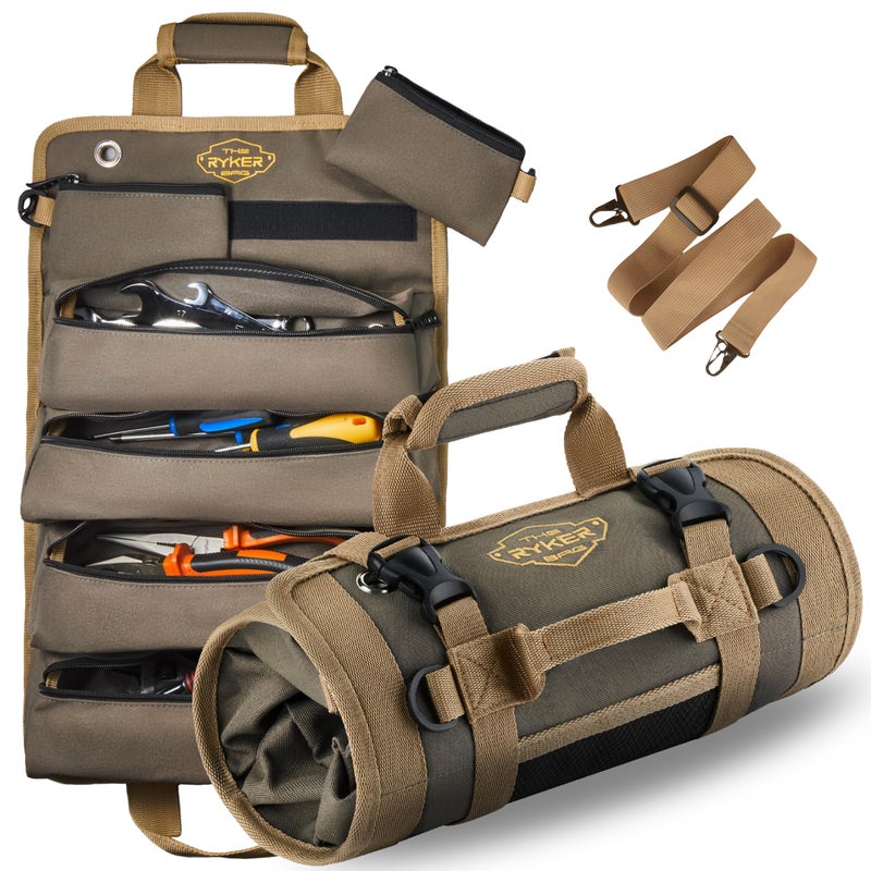 The Ryker Bag حقيبة أدوات رايكر القابلة للطي - هدايا للآباء. حقيبة أدوات دراجة نارية ثقيلة. حقيبة أدوات قابلة للطي مع جيوب قابلة للفصل - حقائب أدوات هدايا للرجال - ميكانيكي وكهربائي. - Image 1