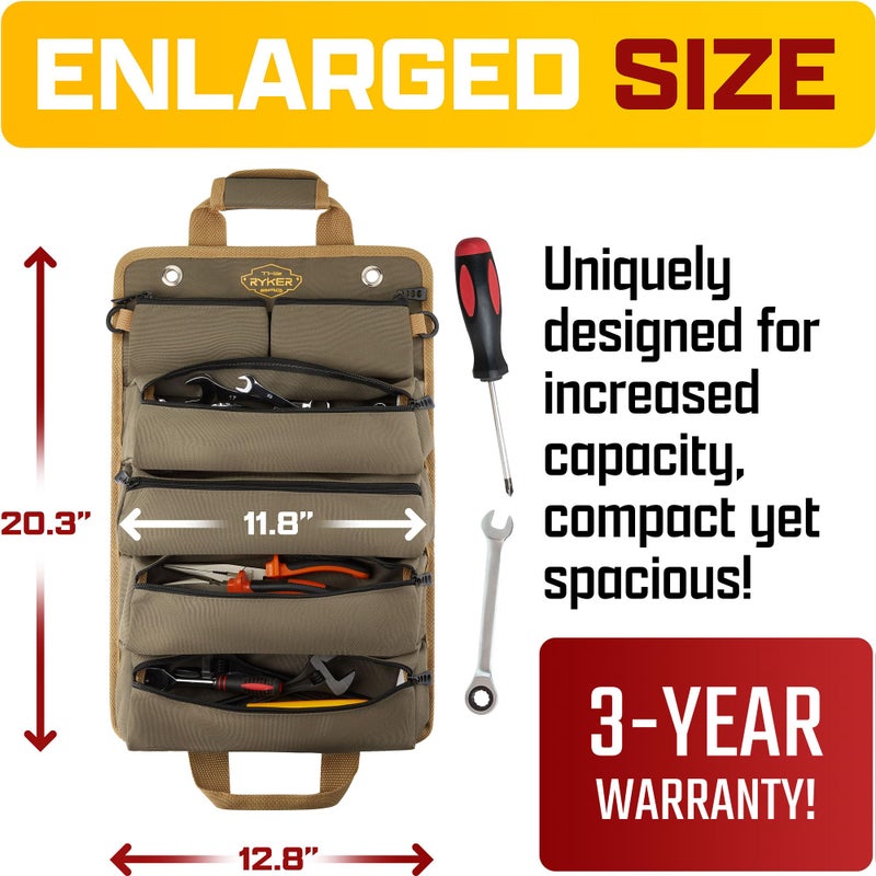The Ryker Bag حقيبة أدوات رايكر القابلة للطي - هدايا للآباء. حقيبة أدوات دراجة نارية ثقيلة. حقيبة أدوات قابلة للطي مع جيوب قابلة للفصل - حقائب أدوات هدايا للرجال - ميكانيكي وكهربائي. - Image 2