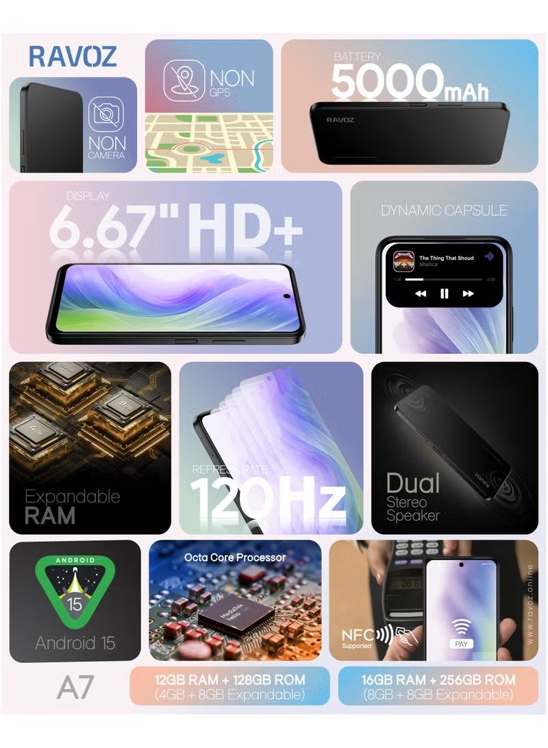 Ravoz A7 No Camera No GPS, 12GB RAM (4GB + 8GB Expandable), 128GB ROM | NFC | Black (UAE Version) - Image 3