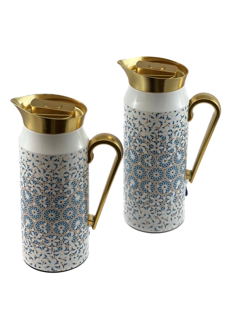 Homemaker 2-Piece Tea & Coffee Flask - 0.75 Liter & 1 Liter Capacity - Glass Inner - Steel Body - Multicolor Desing - Gold Handle  - Image 2