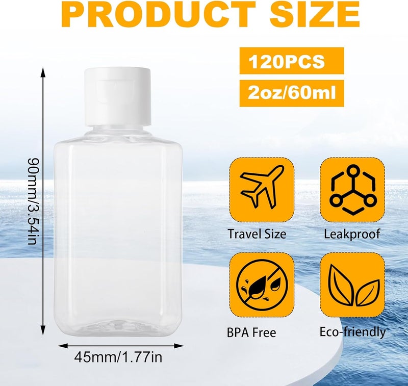 SENENQU 120 Pack 2 Oz Plastic Refillable Bottles with Flip Cap, Clear Hand Sanitizer Bottles, Travel Size Bottles with Flip Cap, Portable Reusable Containers with Lids for Shampoo,Body Soap,Toner, Lotion - Image 2
