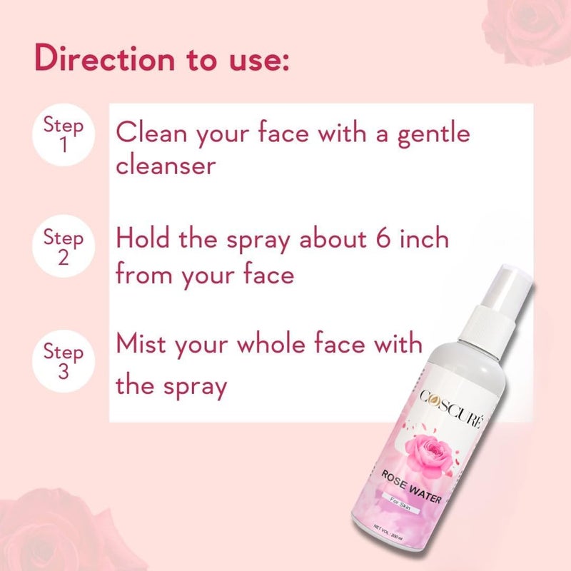 COSCURE Pure Natural Rose Water 200ml AlcoholFree PreservativeFree CrueltyFree - Image 3