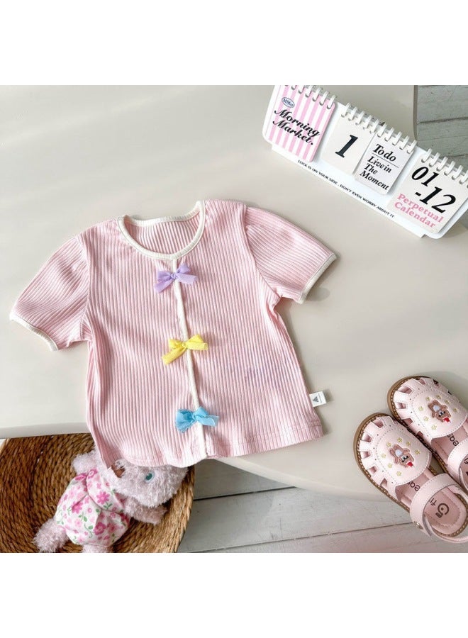Summer New Sweet T-shirt Contrast Color Candy Color Bow Fashion Western Style All-match Children's Outer Wear Girls' Short Sleeve