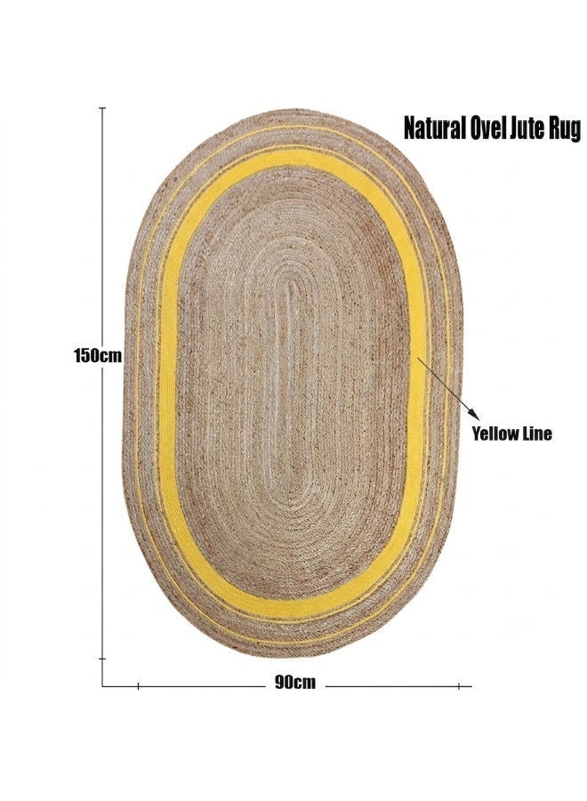 Natural Handwoven Jute Oval Rug 150x90 cm – Eco-Friendly Braided Carpet with Elegant yellow Line Design for Living Room, Bedroom, Office & Home Decor - Image 1