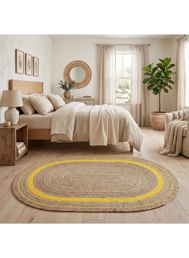 Natural Handwoven Jute Oval Rug 150x90 cm – Eco-Friendly Braided Carpet with Elegant yellow Line Design for Living Room, Bedroom, Office & Home Decor - Image 4