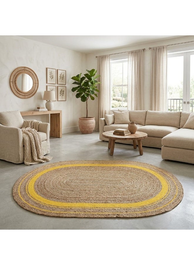 Natural Handwoven Jute Oval Rug 150x90 cm – Eco-Friendly Braided Carpet with Elegant yellow Line Design for Living Room, Bedroom, Office & Home Decor - Image 3