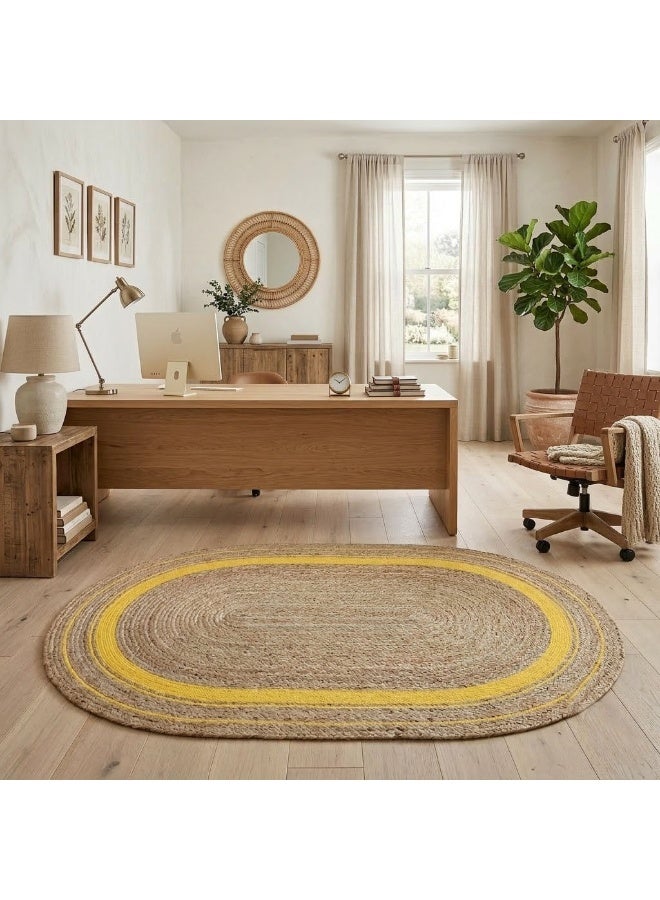 Natural Handwoven Jute Oval Rug 150x90 cm – Eco-Friendly Braided Carpet with Elegant yellow Line Design for Living Room, Bedroom, Office & Home Decor - Image 2