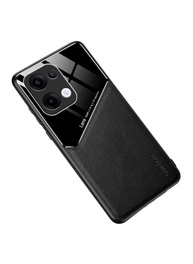 Generic Case Compatible With Oppo Reno 13 5G Cover Luxury Leather And Glass With Car Magnetic Holder Phone Cover Soft Frame Silicone - Black  - Image 2