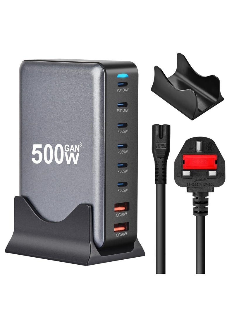 أنيوي محطة شحن USB A وUSB C بقوة 500 وات، 6 منافذ من النوع C 【2 × 100 وات، 4 × 65 وات】 ومنفذان USB 【QC20W】، موزع محطة شحن من النوع C، تقنية GaN، قابس حائط سريع الشحن مع سلك طاقة بطول 1.5 متر - Image 1