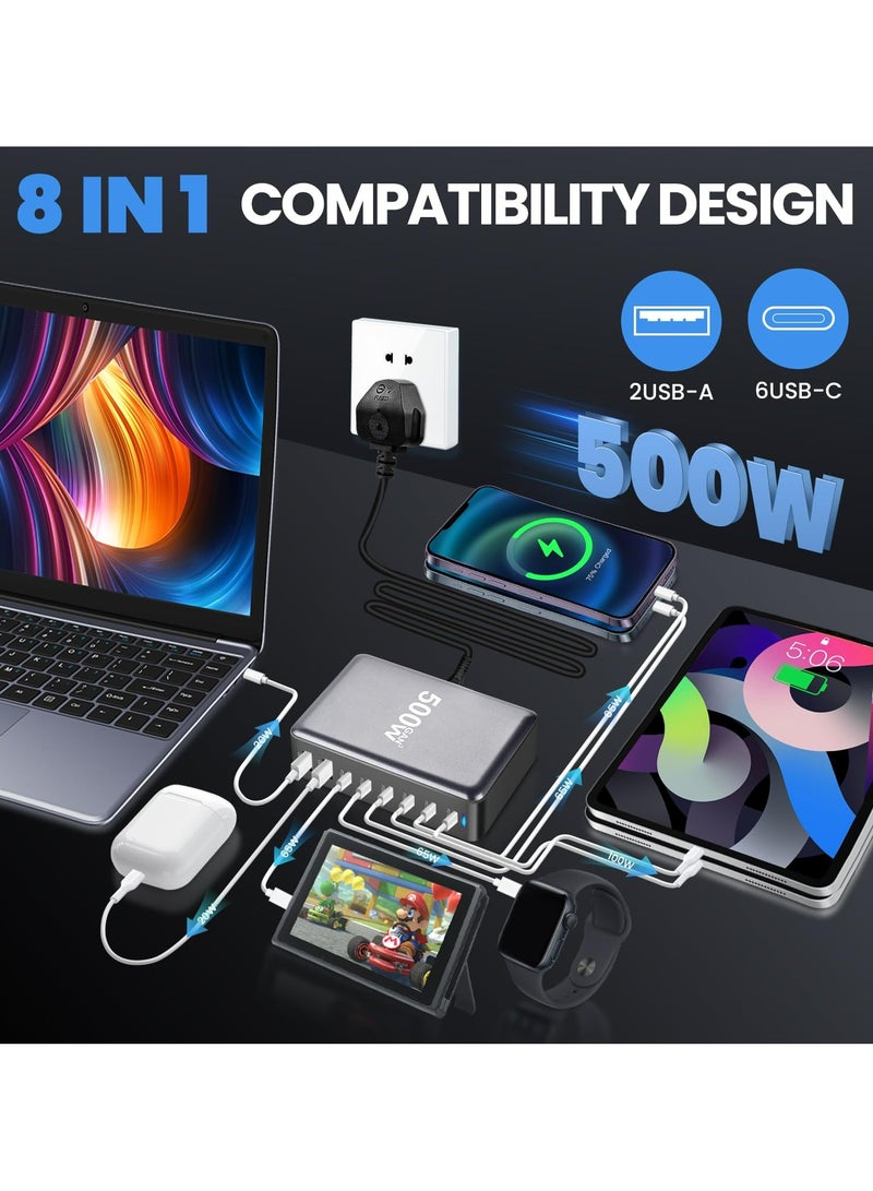 أنيوي محطة شحن USB A وUSB C بقوة 500 وات، 6 منافذ من النوع C 【2 × 100 وات، 4 × 65 وات】 ومنفذان USB 【QC20W】، موزع محطة شحن من النوع C، تقنية GaN، قابس حائط سريع الشحن مع سلك طاقة بطول 1.5 متر - Image 2