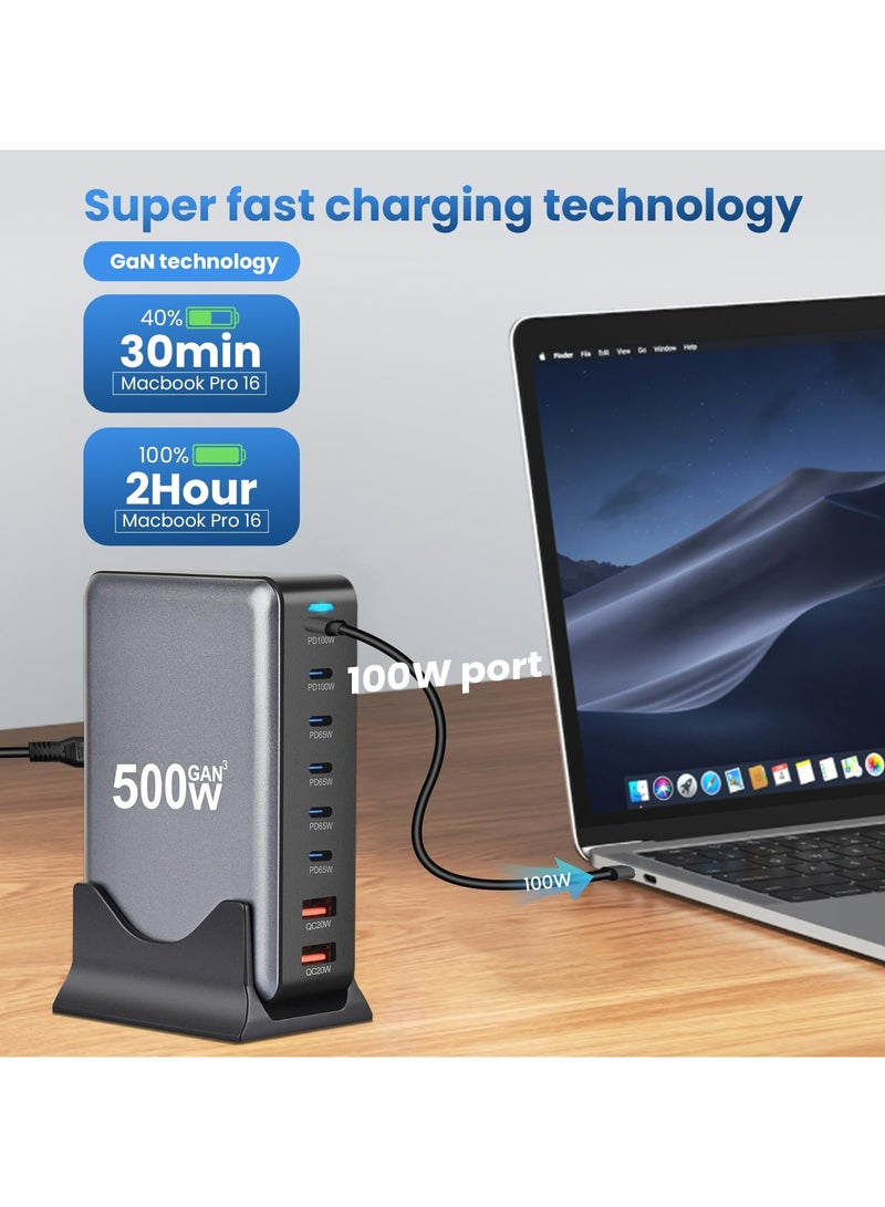 أنيوي محطة شحن USB A وUSB C بقوة 500 وات، 6 منافذ من النوع C 【2 × 100 وات، 4 × 65 وات】 ومنفذان USB 【QC20W】، موزع محطة شحن من النوع C، تقنية GaN، قابس حائط سريع الشحن مع سلك طاقة بطول 1.5 متر - Image 4