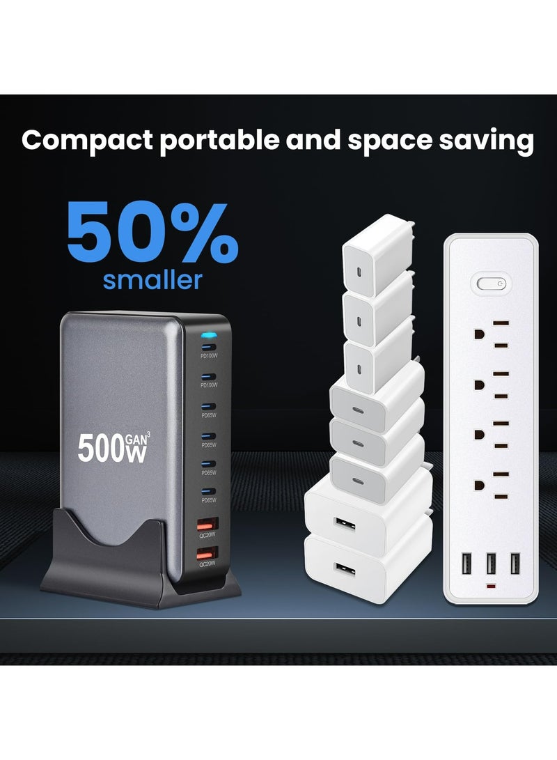 أنيوي محطة شحن USB A وUSB C بقوة 500 وات، 6 منافذ من النوع C 【2 × 100 وات، 4 × 65 وات】 ومنفذان USB 【QC20W】، موزع محطة شحن من النوع C، تقنية GaN، قابس حائط سريع الشحن مع سلك طاقة بطول 1.5 متر - Image 5