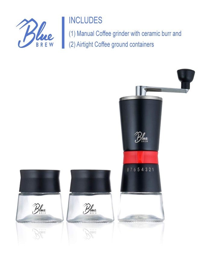 Blue Brew Coffee Grinder Manual, Hand Coffee Grinder w/Ceramic Burr & 15 Adjustable Coarseness, 2 Airtight Glass Jar with Lid, Portable Conical Burr Coffee Grinder for Camping, Home&Traveling (BB1007) - Image 2