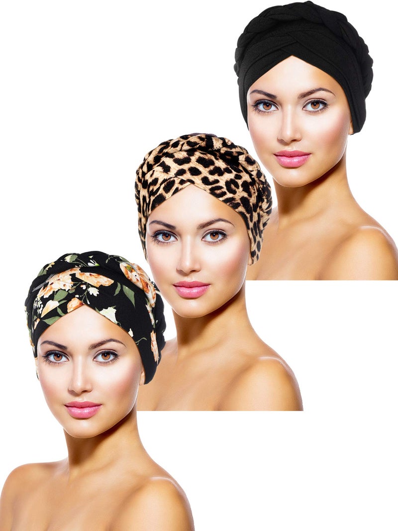 SATINIOR 3 Pieces Women Turban Head Wrap Pre-Tied Bonnet Beanie Hat Sleeping Cap Headwrap (Retro Pattern) Multicoloured - Image 1