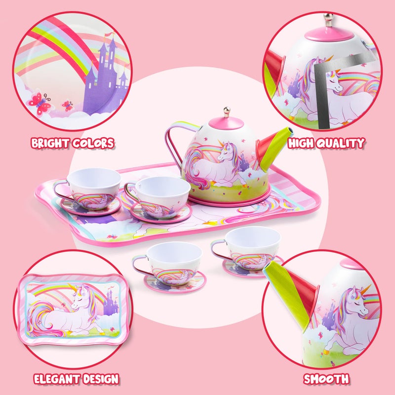 JOYIN Unicorn Tea Party Set for Little Girls, Pretend Pink Tin Teapot Set, Princess Tea Time Play Kitchen Toy with Teapot, Cup, Plate, Carrying Case for Kids Toddlers Age 3 4 5 6, Easter Birthday Gift - Image 4