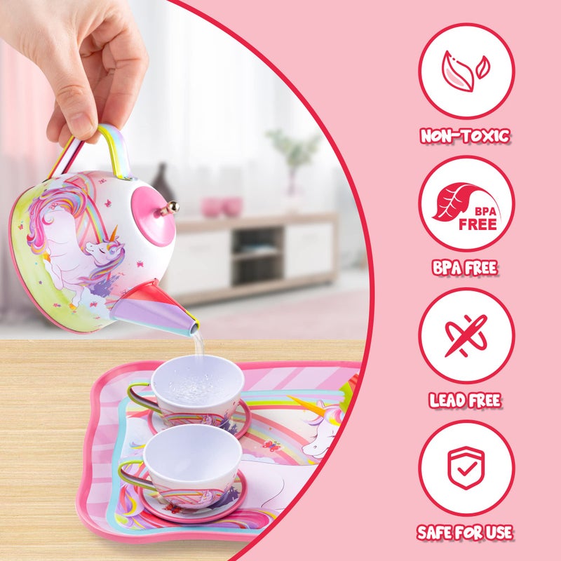 JOYIN Unicorn Tea Party Set for Little Girls, Pretend Pink Tin Teapot Set, Princess Tea Time Play Kitchen Toy with Teapot, Cup, Plate, Carrying Case for Kids Toddlers Age 3 4 5 6, Easter Birthday Gift - Image 3