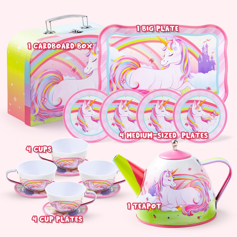 JOYIN Unicorn Tea Party Set for Little Girls, Pretend Pink Tin Teapot Set, Princess Tea Time Play Kitchen Toy with Teapot, Cup, Plate, Carrying Case for Kids Toddlers Age 3 4 5 6, Easter Birthday Gift - Image 2