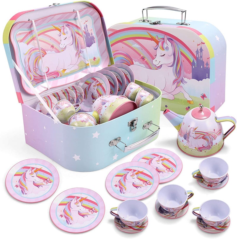 JOYIN Unicorn Tea Party Set for Little Girls, Pretend Pink Tin Teapot Set, Princess Tea Time Play Kitchen Toy with Teapot, Cup, Plate, Carrying Case for Kids Toddlers Age 3 4 5 6, Easter Birthday Gift - Image 1