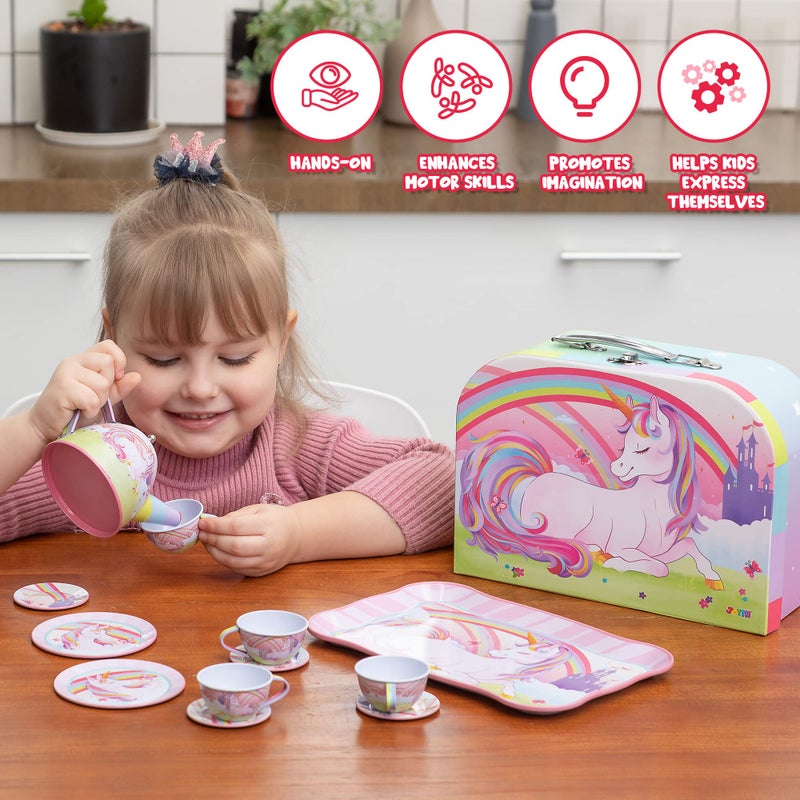 JOYIN Unicorn Tea Party Set for Little Girls, Pretend Pink Tin Teapot Set, Princess Tea Time Play Kitchen Toy with Teapot, Cup, Plate, Carrying Case for Kids Toddlers Age 3 4 5 6, Easter Birthday Gift - Image 5