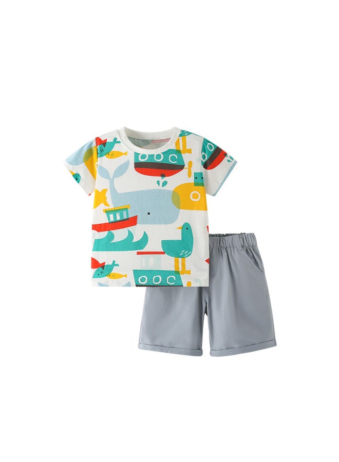 Malwee Boys Suit T-shirt Summer Children Short Sleeve Round Neck Handsome Two-piece Set - Image 5