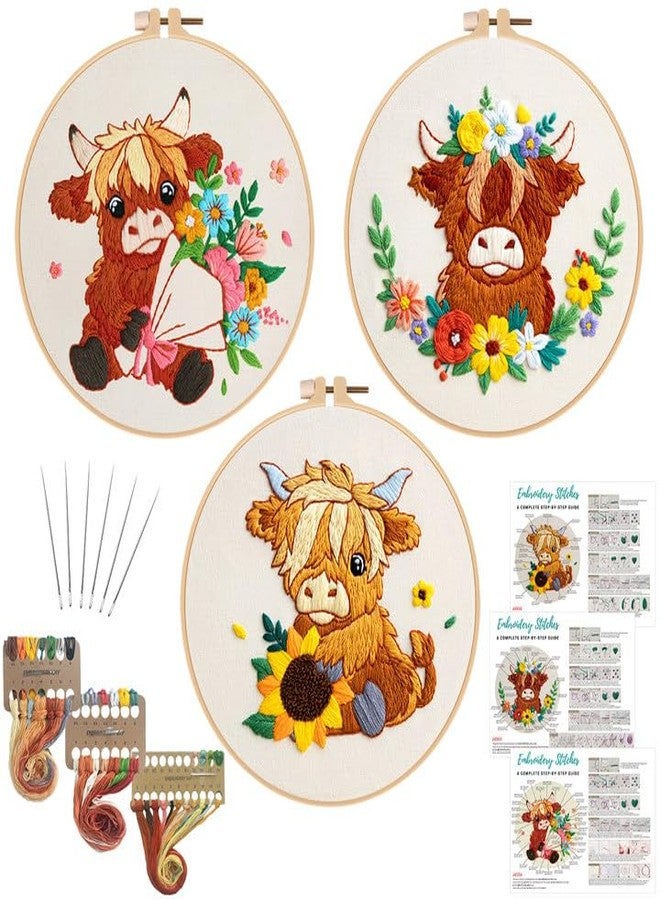Nuberlic Highland Cow Embroidery Kit 3 Pack Embroidery Kits for Adults Beginners Starter Cross Stitch Kit Set with Floral Designs - Perfect DIY Gift - Image 1