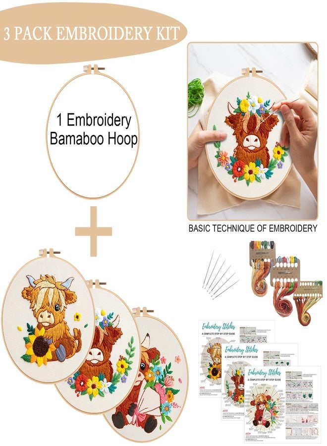 Nuberlic Highland Cow Embroidery Kit 3 Pack Embroidery Kits for Adults Beginners Starter Cross Stitch Kit Set with Floral Designs - Perfect DIY Gift - Image 4