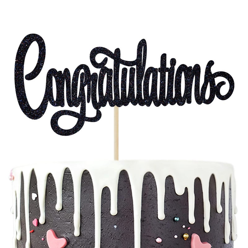 Congratulations Cake Topper Congrats Grad Graduate 2025 GraduationWeddingBirthdayAnniversaryRetirement Celebration Party Decorations Supplies Black Glitter