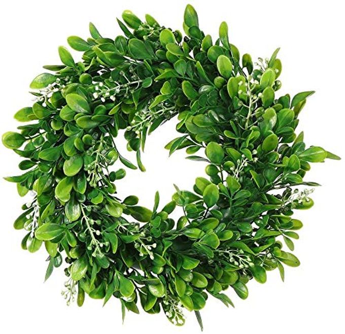 GRBAMBI Artificial Green Leaves Wreath 11 inch Artificial Boxwood Wreaths with White Flower for Window Wall Wedding Decor,1Pack - Image 1