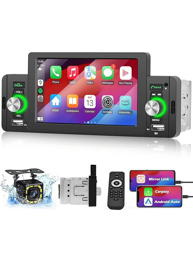 NALACAL ستيريو سيارة أحادي الدين مع Apple Carplay و Android Auto - شاشة لمس عالية الدقة مقاس 5 بوصات وبلوتوث 5.1 وراديو سيارة مع Fm و Mirror Link و USB مزدوج و SWC و Siri وميكروفون مدمج وجهاز تحكم عن بعد - نظام صوتي ذكي للسيارة - Image 1