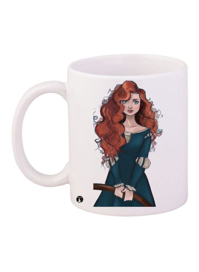 Cartoon Woman Printed Coffee Mug White/Blue/Brown 11ounce