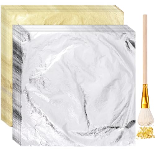 Cunhill 100 Pcs Gold Leaf Sheets for Art Foil Paper Leaf Art Foil Sheets Gilding Brush Thin Paper Craft for Painting Gilding Crafting Decoration55 x 55 InchesGold Silver - Image 1