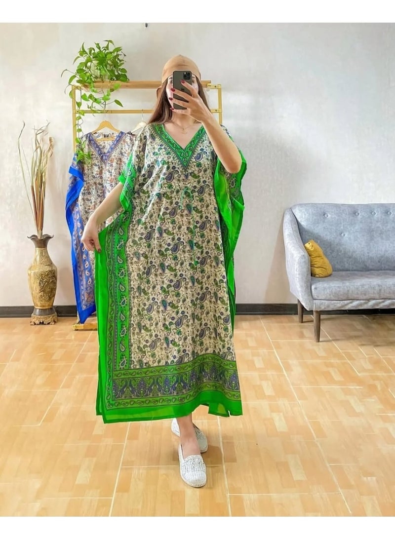 Women's Green Multi Paisley Print Long Maxi Kaftan Dress with V-Neck