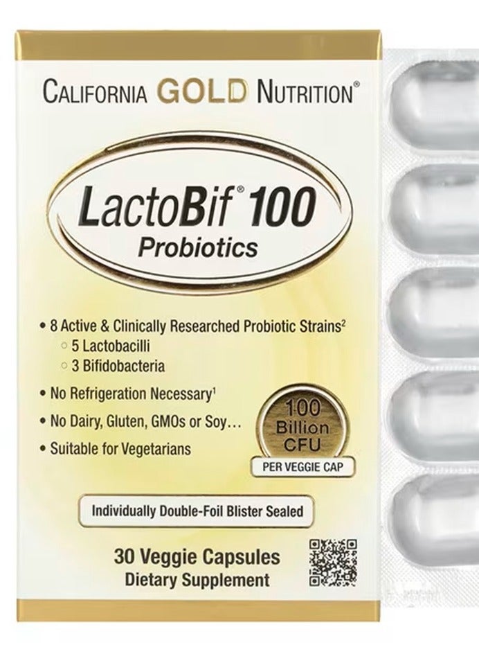 California Gold Nutrition LactoBif 100 Probiotic 100 Billion CFU 30 Veggie Capsules  - Image 1