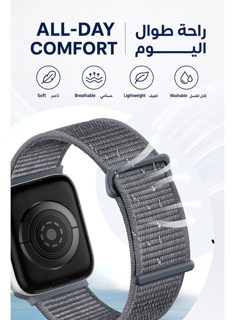 حزام نايلون متوافق مع Apple Watch، لمقاس 38 مم/40 مم/41 مم/42 مم (S10/S11)، حزام ناعم وجيد التهوية وقابل للتعديل بنظام الخطاف والحلقة لساعة iWatch سلسلة Series 11 و10 و9 و8 و7 و6 و5 و4 وSE3/SE2/SE، لون رمادي - Image 3