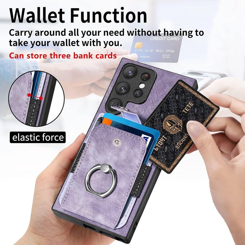 SYOSI Phone Cases For Samsung Galaxy S23 Ultra, Syoisi, Pu Leather Case With Card Holder Credit Card Slot With Ring Stand, Retro Slim Cellphone Protective Cover, Purple - Image 4