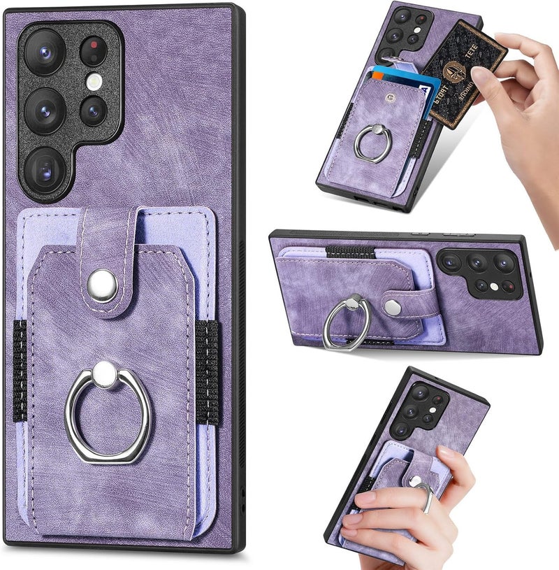 SYOSI Phone Cases For Samsung Galaxy S23 Ultra, Syoisi, Pu Leather Case With Card Holder Credit Card Slot With Ring Stand, Retro Slim Cellphone Protective Cover, Purple - Image 1