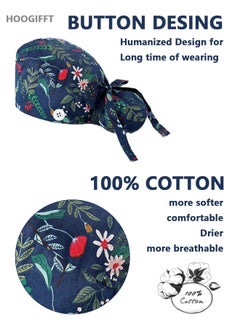 HOOGIFFT Pack of 3 Surgical Caps for Female and Male, Cotton Nursing Cap, Working Cap,Adjustable Cotton Working Hats,Sweatband Cotton Ponytail Holder, Long Hair Head Covers Hair Caps,Nurse hat with buttons  - Image 2