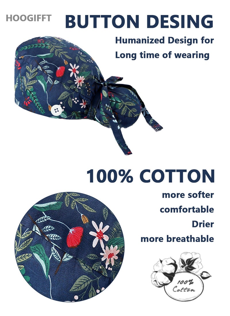 HOOGIFFT Pack of 3 Surgical Caps for Female and Male, Cotton Nursing Cap, Working Cap,Adjustable Cotton Working Hats,Sweatband Cotton Ponytail Holder, Long Hair Head Covers Hair Caps,Nurse hat with buttons  - Image 2