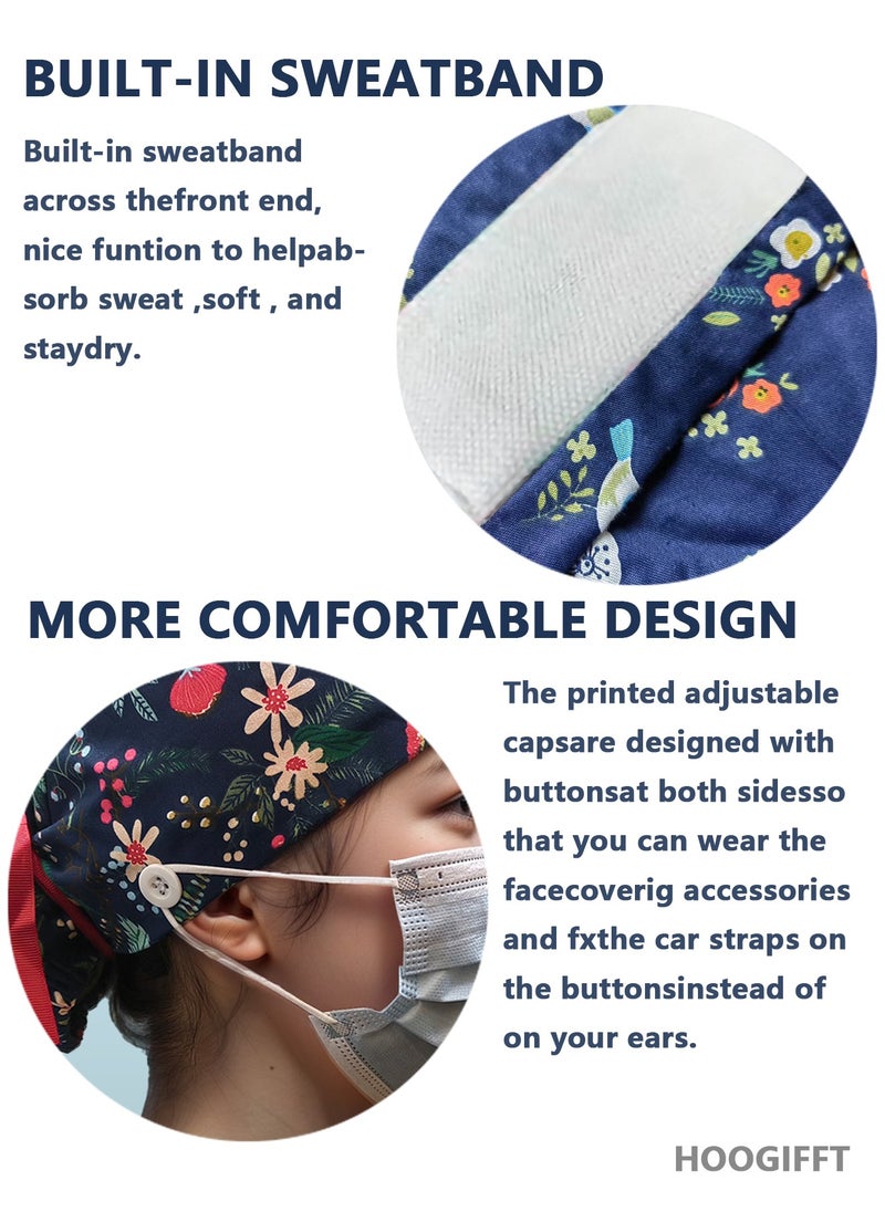 HOOGIFFT Pack of 3 Surgical Caps for Female and Male, Cotton Nursing Cap, Working Cap,Adjustable Cotton Working Hats,Sweatband Cotton Ponytail Holder, Long Hair Head Covers Hair Caps,Nurse hat with buttons  - Image 3